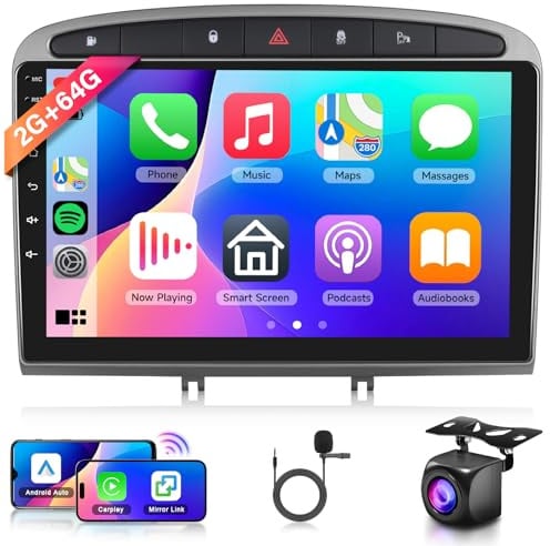 2G 64G Android 13 Autoradio per Peugeot 308 408 2007-2015 9 Pollici Touchscreen Autoradio con Senza Fili Carplay Android Auto Navi GPS Mirror Link Bluetooth FM/RDS Radio WiFi USB Telecamera Posteriore