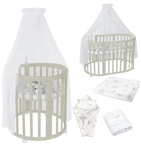 Waldin Oval Baby-Bett Mitwachsend Komplett Set 7in1, Gitterbett, Kinderbett mit Matratze, Wickelkommode, Beistellbett, Holz Olive, Stoffe Weiß Zweige