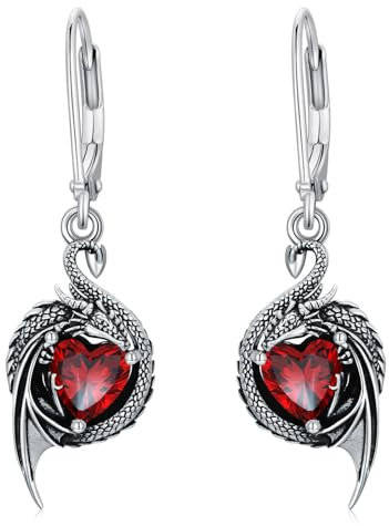 LONAGO Drache Ohrringe für Damen 925 Sterling Silber Schwarzer Drache mit Geburtsstein im Herzschliff Ohrhängern (Januar)