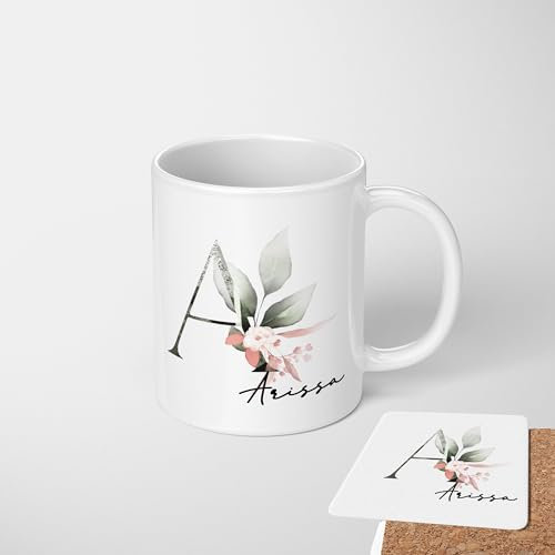 GIFTIMIZED Botanical Blush Monogram Letter Initial Personalised Name Custom Mug Coffee Tea Cup Gift with Coaster Option | Large Handle | Spacious 11oz | Dishwasher Safe | Made in UK |