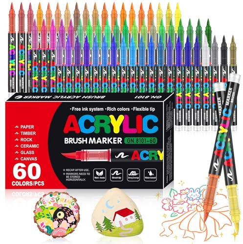 WOGOPRO 60 Colores Rotuladores Acrilicos, Cabeza de Cepillo Suave Acrylic Markers, Marcadores AcríLicos para Colorear, Piedra, Madera, Lienzo, Vidrio, CeráMica, Artesanía
