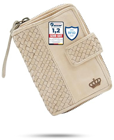 Baur - Damen Geldbörse aus Waschleder geflochten mit RFID (Beige) | Portemonnaie im Used-Look, handgeflochten, viele Kartenfächer, Münzfach mit Metall-Reißverschluss, extra weiches Leder