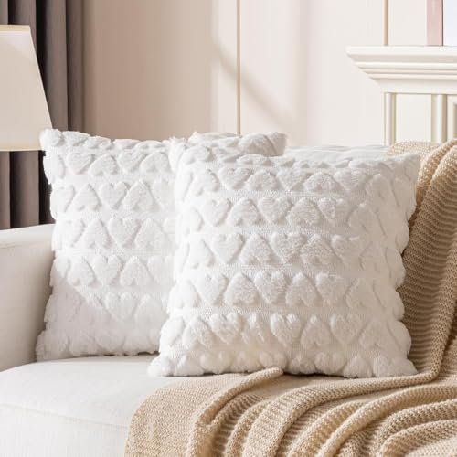 Kissenbezug Herz 45x45 cm 2er Set, Herz Deko Plüsch Kissenbezüge 45x45 Zimmer Deko Aesthetic Liebe Kissenhülle Romantische Modern Zierkissenbezüge für Schlafzimmer Wohnzimmer Deko (Weiß, 45x45 cm)
