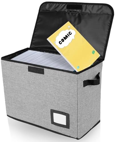 KTCINA Comic-Buch-Aufbewahrungsbox mit Deckel und Griff, faltbarer Comic-Bücher-Mülleimer mit Etikettenschlitz, multifunktional, waschbar, für 150 Comics, 40 x 20 x 30 cm, Grau