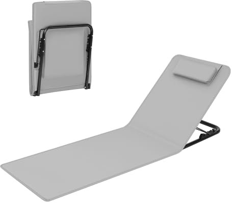 WOLTU Strandmatte gepolstert, Strandliege klappbar leicht, 3-stufig verstellbare Rückenlehne, mit Kopfkissen Staufach Aufbewahrungstasche, Sonnenliege Strand faltbar, Hellgrau