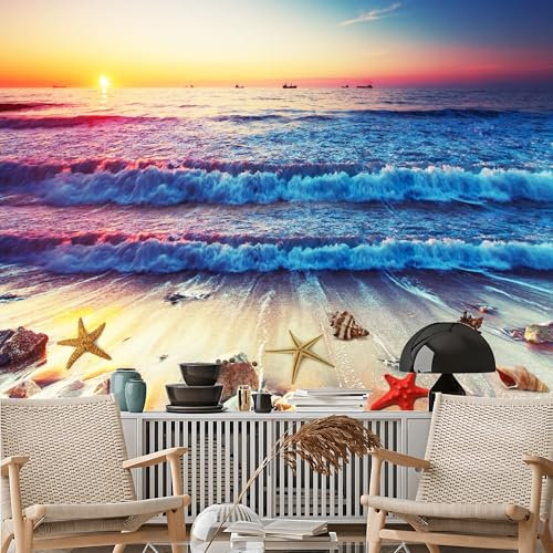 Custom Size Wall Murals, Beach Sunset Shells Self - Adhesive Removable Large Photo Wallpaper for Living Room, Bedroom, Bathroom, Office, Dining Room, Kid's Room
