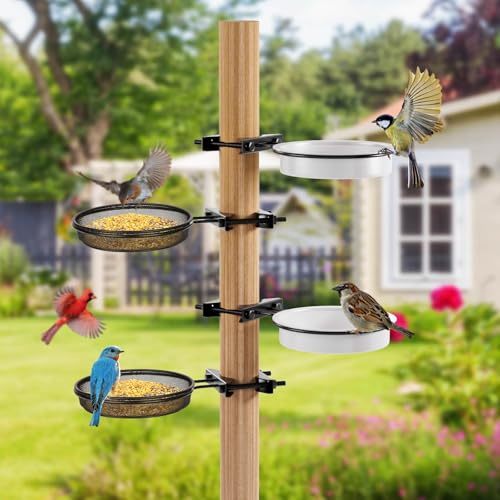Xisakaca 2 Pack Bird Feeder for Railing Pole, Bird Bath Feeding Station Kit with Water Bowl & Mesh Food Tray, Birdbaths & Birdfeeder Installed on Fences, Trees, Deck, Indoor and Outdoor