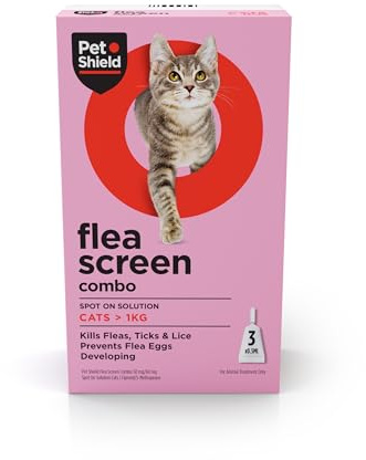 Pet Shield Flea Screen Combo Cat - Spot-On Flea Treatment for Cats & Kittens Over 8 Weeks Old - Vet Approved Formula Kills Fleas, Flea Eggs, Ticks (3 Pipettes)