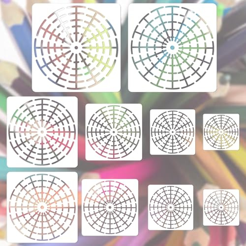 10-teiliges Mandala-Schablonen-Set,Mandala-Punktierwerkzeuge,12/16 Segmente,3/4/5/6/8 Zoll,wiederverwendbares Mandala-Stein-Malset, Punktierwerkzeuge zum Bemalen von Steinen,Holz,DIY-Malkunstprojekten