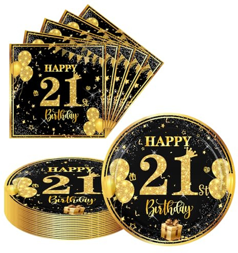AHPYEUHK 21st Birthday Plates and Napkins Set of 40-20x 7 Inch Black Plates & 20x Napkins | Elegant Party Tableware for Birthday Decorations for Men & Women