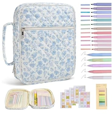 Yallmie Bibelhülle mit Reißverschluss, 30x23x6cm Bibeltasche mit 12 Bibel Textmarker, 5 Stifte und 2 Bibelregister, Bibel Tragetasche mit Griff Bibeltasche Klein Bibelstudienzubehör für Lerner (Blau)