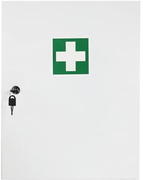 First Aid Products Verbandschrank D – inkl. DIN 13157:2021 Füllung – Medizinschrank Metall mit Gummidichtung, 3 Ablagefächer + 3 Türfächer - robust & staubgeschützt - 48,5 x 40 x 20 cm