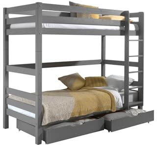 FURNLUX Pino Etagenbett, 90x200 cm, Grau, Massivholz Kiefer, mit Leiter und 2 Schubladen, 106x210x182 cm
