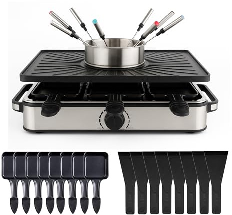 8 Personen Fondue/Raclette Set - Tischgrill inkl. Pfännchen & Schaber - Grillplatte & Steinplatte antihaftbeschichtet (Fondue Set)