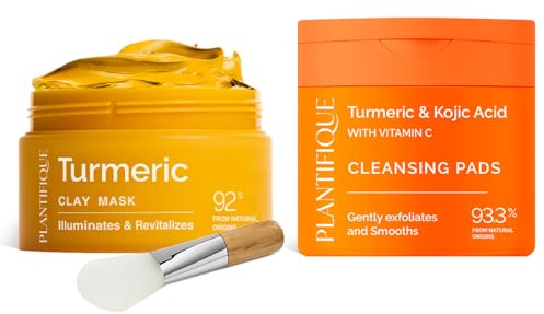 PLANTIFIQUE Korean Turmeric Clay Mask – Targets Dark Spots, Refines Pores, Hydrates and Calms, 110 g & Kojic Acid and Turmeric Cleansing Pads for Dark Spots and Hyperpigmentation, 60 Pcs