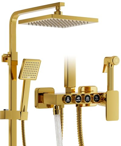 OihPaw Colonne de douche,Or brillant,Multifonctionnel 4 en 1 Colonne douche,Comprend une douche de tête carrée,Une douchette,Un robinet de baignoire et une douchette bidet,Hauteur et angle réglables