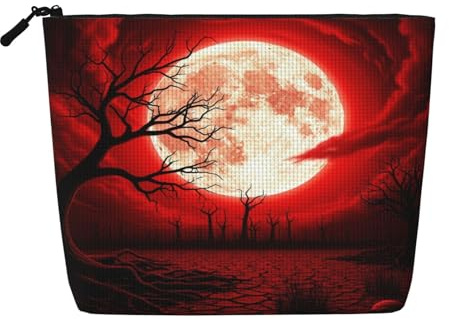 Trousse de toilette de voyage pour femmes - Halloween Arbre Mort Lune Rouge Petite Trousse de maquillage mignonne et résistante à l'eau pour filles et enfants - Trousse de rangement pliable pour pince