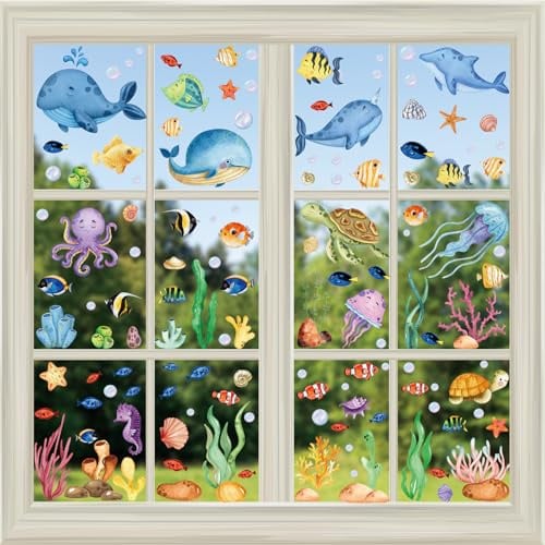 Fensterbilder Ozean Selbstklebend, Fensteraufkleber Unterwasserwelt | Statisch & Doppelseitige & Wiederverwendbare, Fenstersticker Ozean für DIY und Dekoration