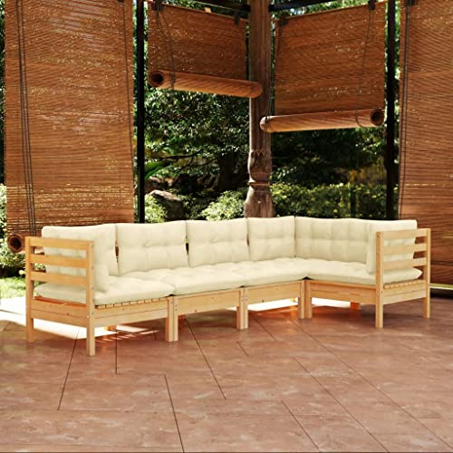5-teiliges Holz Sitzgruppe für den Garten Kiefer massiv, cremefarbenes Kissen, Sitzkomfort bis 110 kg, modulares Gartenmöbelset