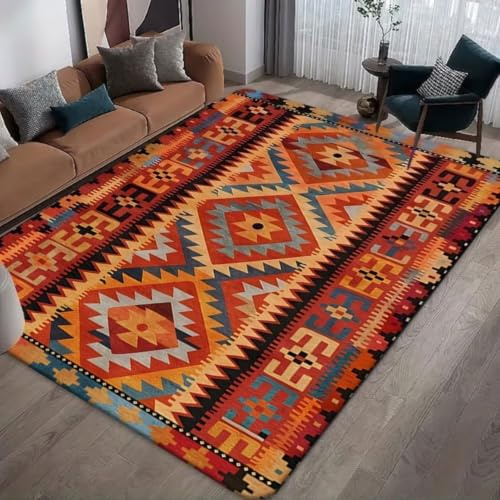 RICAUOU Südwestlicher Stammes Teppiche, 140x200cm Orange Roter Geometrischer Lounge Teppich im Indianischen Stil, Vintage Boho Rustikaler Waschbarer Bodenteppich Wohnzimmer(Terrakotta/Mehrfarbig)