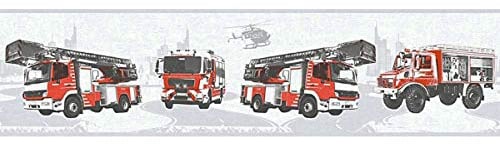 A.S. Création Bordüre Little Stars Borte mit Feuerwehr Autos 5,00 m x 0,13 m grau rot schwarz Made in Germany 358142 35814-2