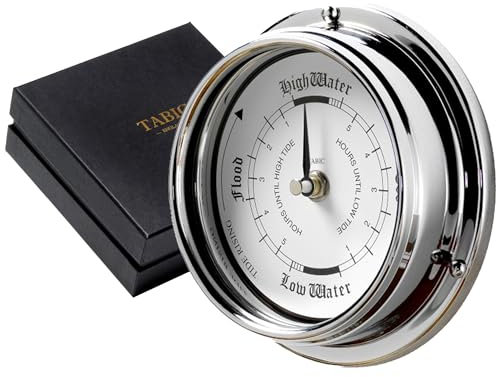 Tabic Handmade chrome plated Tide Clock with white aluminium Dial, Traditional Marine Tide Wall Clock, Ocean-Themed Nautical Clock for Beach Enthusiasts - Handcrafted in England
