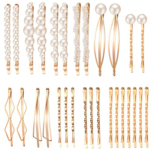 Firtink 32 Stücke Perle Haarspange für Mädchen, Metall Haarspangen Set Gold Haarschmuck Künstliche Perle Haar Snap Clips für Hochzeit Valentinstag Geschenke