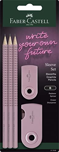 FABER-CASTELL 217063 - Bleistifte Set Sleeve, mit Spitzer, Radiergummi und 3 Bleistifte, Schreibset Grip 2001 rose shadows