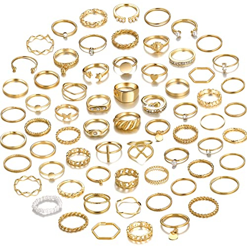 YEEZII 68 Pcs Gold Knuckle Rings Set for Women, Stackable Rings Boho Joint Finger Midi Ring Hollow Carved Crystal Stacking Rings Pack