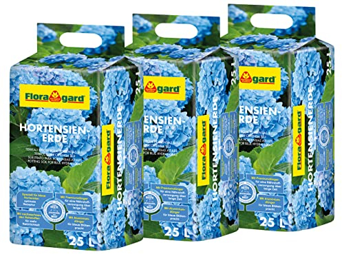 Floragard Hortensienerde blau 3x25 L - zum Pflanzen und Umtopfen - für Beet- und Kübelbepflanzung - für Blaue Hortensien - mit Tongranulat