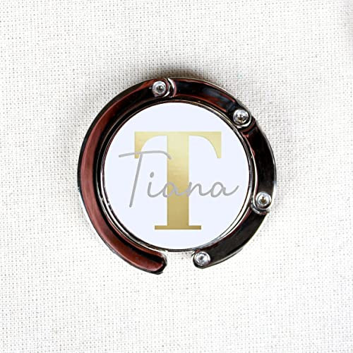 eBuyGB Personalised Foldable Purse Hook, Folding Monogram Handbag Table Hanger, Portable Bag Hanger, Desk Hooks - Initial & Name (White)