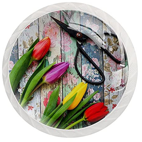 12 Stück Schrankknäufe Retro Tulpe Blumen Schere Runde Kristall Glas Schublade Kommode Kleiderschrank Griffe Züge für Zuhause Küche 3,5 x 2,8 cm
