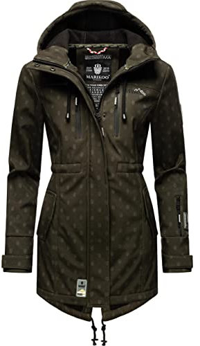 MARIKOO Damen Übergangsjacke Softshellmantel mit Kapuze Zimtzicke Dark Olive w. Print Gr. XXL
