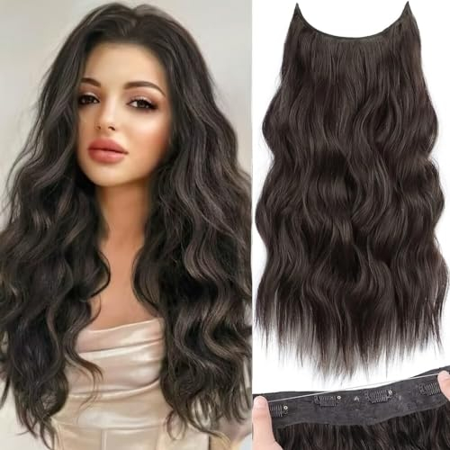 PORSMEER Lange Gewellt Haarverlängerung mit Gummiband,Invisible Secret 4 Clips in Hair Extensions Synthetik Haare Unsichtbarem Haarteile für Frauen,50 cm (Dunkelbraun)