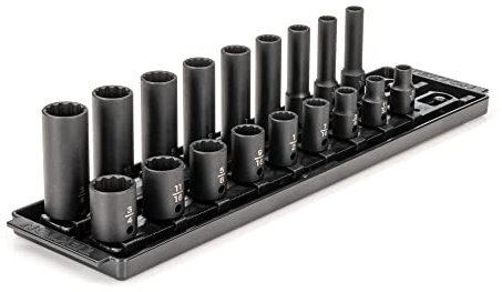 TEKTON 3/8 Inch Drive 12-Point Impact Socket Set with Rails and Tray, 18-Piece (5/16-3/4 in.) | SID91212
