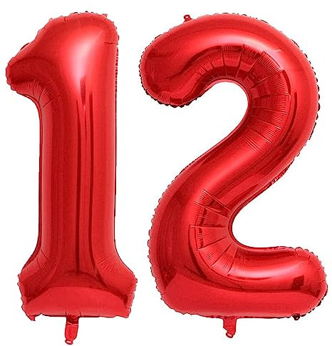 Luftballon 12. Geburtstag Zahl 12 Rot XXL Riesen Folienballon 100cm Geburtstagsdeko Mädchen Frau Ballon Zahl Deko zum Geburtstag. Fliegt mit Helium. (Rot, Zahl 12)