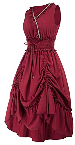 Gothic Lolita Kleid Teenager Damen im Retro-Gothic-Stil mit Gürtel, Bühnenaufführungskleid (Wine, S)