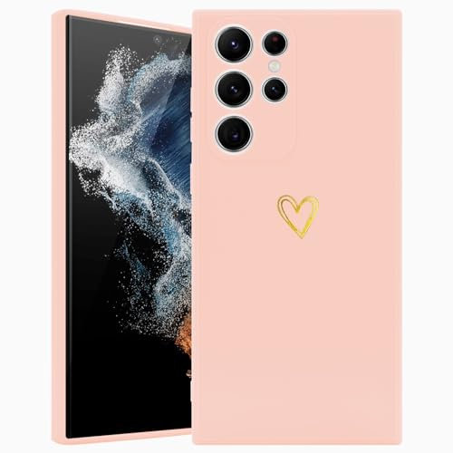 Wirvyuer Coque Compatible avec Samsung S22 Ultra Antichoc Coque Silicone TPU avec Motif Coeur d'amour Doré Mignon Étui Protection Complète Souple pour Samsung Galaxy S22 Ultra 5G (Rose)