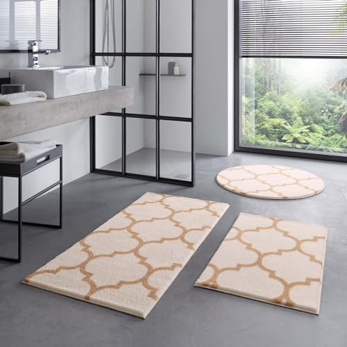 Taracarpet Badematte Badteppich für das Badezimmer waschbar in der Waschmachine Florentiner Muster Creme Beige 080 cm rund