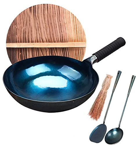 Wok e padelle,Wok in ghisa - Wok cinesi in ferro martellato a mano e padelle con coperchio in legno e set di pentole, antiaderente, senza rivestimento, meno olio,36cm