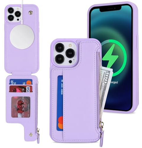 SailorTech iPhone 14 Pro Case with Credit Card Holder magsafe, iPhone 14 Pro Phone Leather Case Wallet for Women Compatible mag safe Card Slots Zipper Shockproof Case for Men - Purple