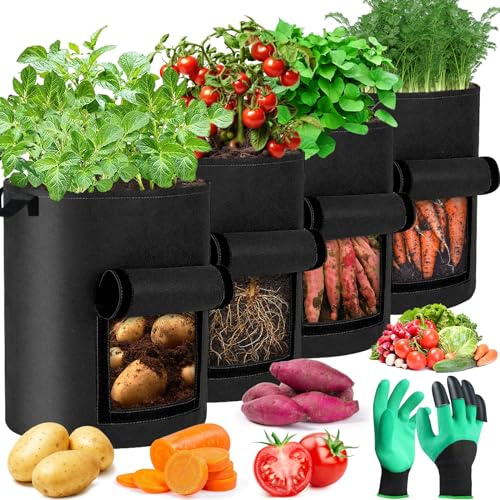 ZLPBAO 4er Set 40L Kartoffel Pflanzsack, 10 Gallonen Pflanztaschen mit Stabilen Griffen -pflanzsäcke Kartoffeln mit Doppelseitiges Klettfensterdesign - Pflanzgefäß Pflanzbeutel für Balkon Terrasse