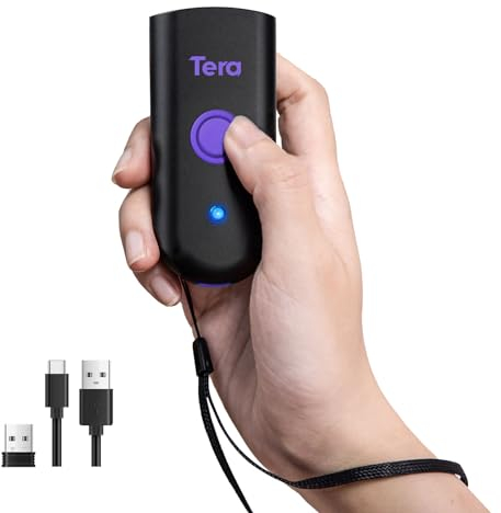 Tera Mini 1D Barcode Scanner: Kompakter wasserdichter drahtloser Laserscanner 3-in-1, kompatibel mit Bluetooth, USB Wired, tragbarer Barcode-Scanner für Logistikarbeit mit iOS, Windows, Android, Lila