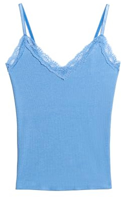 Superdry Damen Geripptes Vintage Trägertop aus Bio-Baumwolle mit Spitzenbesatz Blassrosa Blau Meliert S/M
