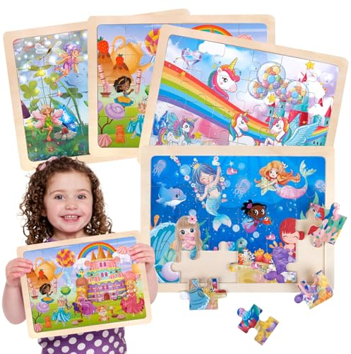 Puzzle für Kinder ab 3 4 5 6 Jahre, Kinderpuzzle Einhorn Meerjungfrau Prinzessin Fee, 4 Holz Puzzles *24 Stück Holzpuzzle, Vorschule Lehrreiches Spielzeug, Geschenke für Kinder Mädchen ab 3