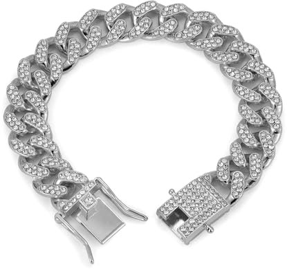 fdsmall Kubanische Links Kette Titan Stahl Cuban Link Armband Titan Stahl Cuban Link Armband Miami High Polished Cubic Zirkonia Kubanisches Armband Hip Hop Schmuck (Silver, 20)