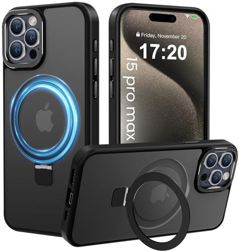 PuyaTeya Handyhülle für iPhone 15 pro max Hülle, [mit Unsichtbarem Ständer ][mit Magnetic] Kratzfeste Anti-Fingerabdruck [Transluzente Matte] Hülle für iPhone 15 pro max 6.7(Schwarz)