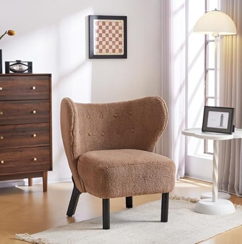 Moderner Freizeitsessel mit Hoher Rückenlehne und Holzbeinen,Teddy Sessel für Wohnzimmer,Schlafzimmer,Balkon,Polstersessel im Eleganten Design,Bequemer und Atmungsaktiver Sherpa-Stoff (Braun)