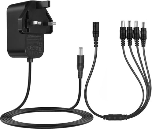 Tonton 12V 2A Power Supply with 1 to 4 Power Splitter Cable, AC 100-240V to 12V 2A 1.5A 1A DC Plug 2.1mmx 5.5mm for CCTV Security Camera, DVR Recorder, NVR Recorder, Router, LED Strips, 1.8M Length