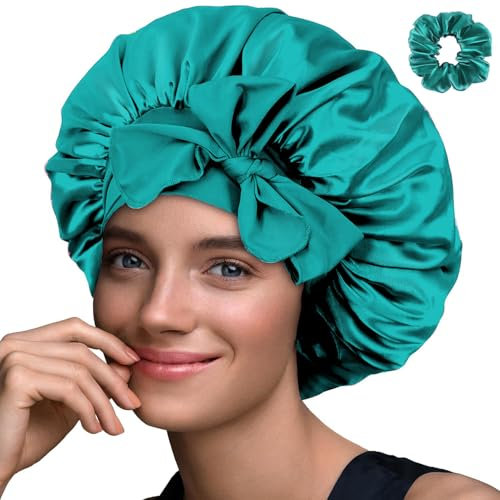Haquno 1 Stück Schlafmütze Satin Bonnet Nacht Schlaf Mütze Verstellbare Schlafkappe Kopfbedeckung Weiche Kopfhaube Schlafhaube Seide doppellagige Nachtmütze mit Gummizug für Damen und Mädchen(Grün)